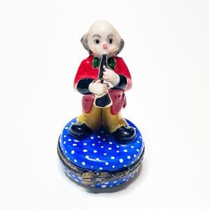 Limoges Box Bald Circus Clown Playing Horn Hand Painted Porcelain Trinket